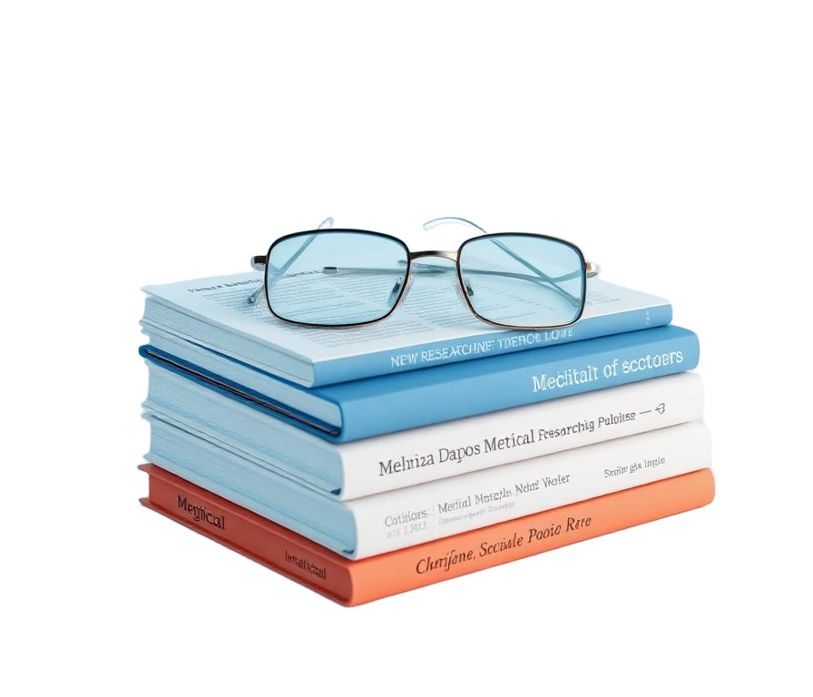 Stack of dental research journals with reading glasses